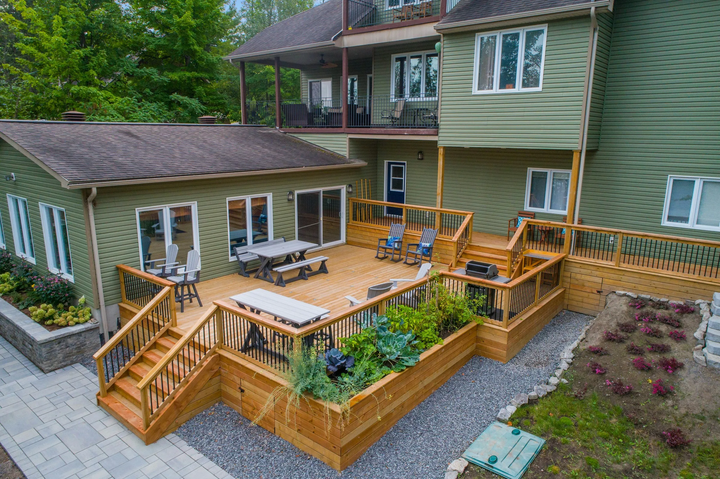 New multi-level wood deck attached to a home